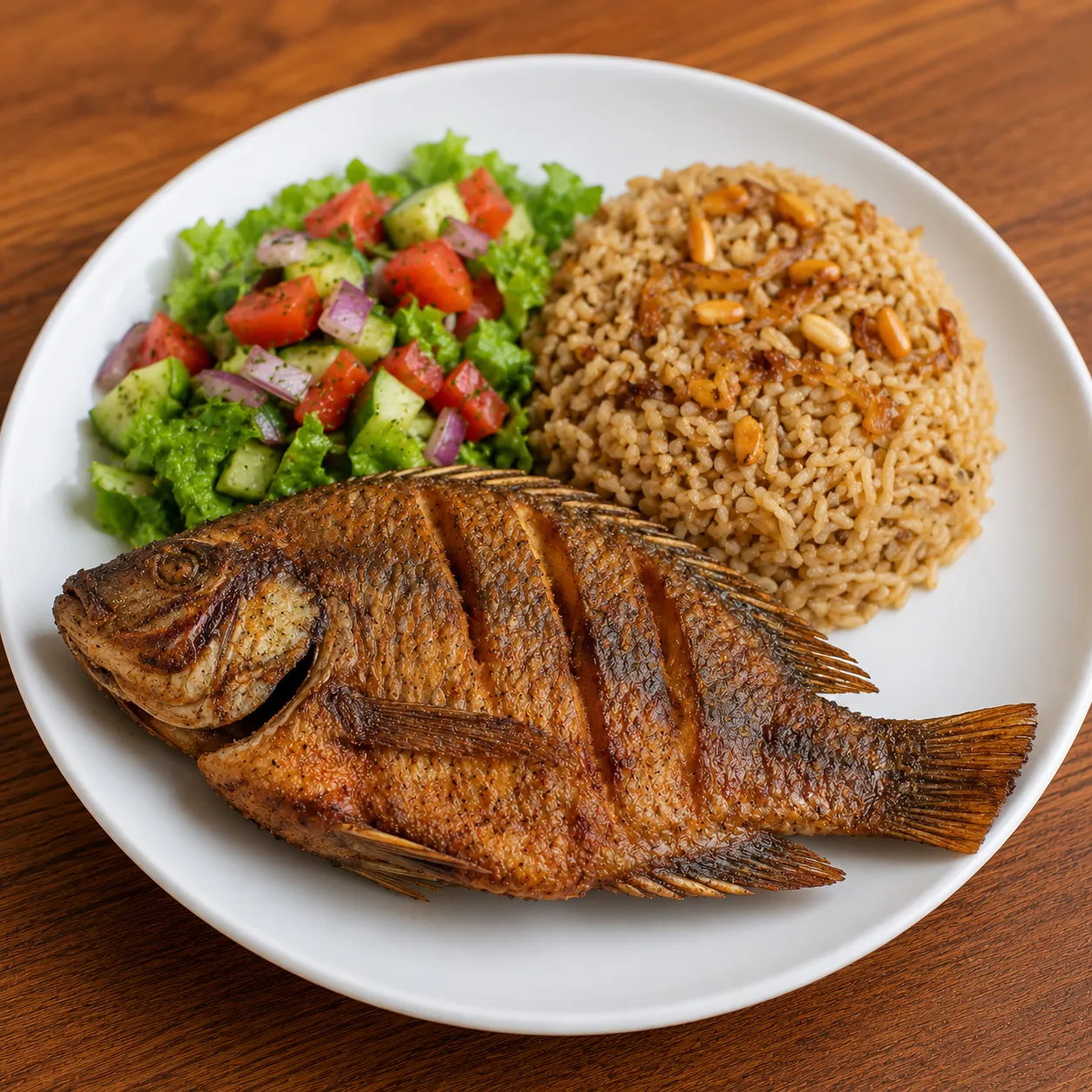 سمك بلطي مقلي + رز صيادية + سلطة