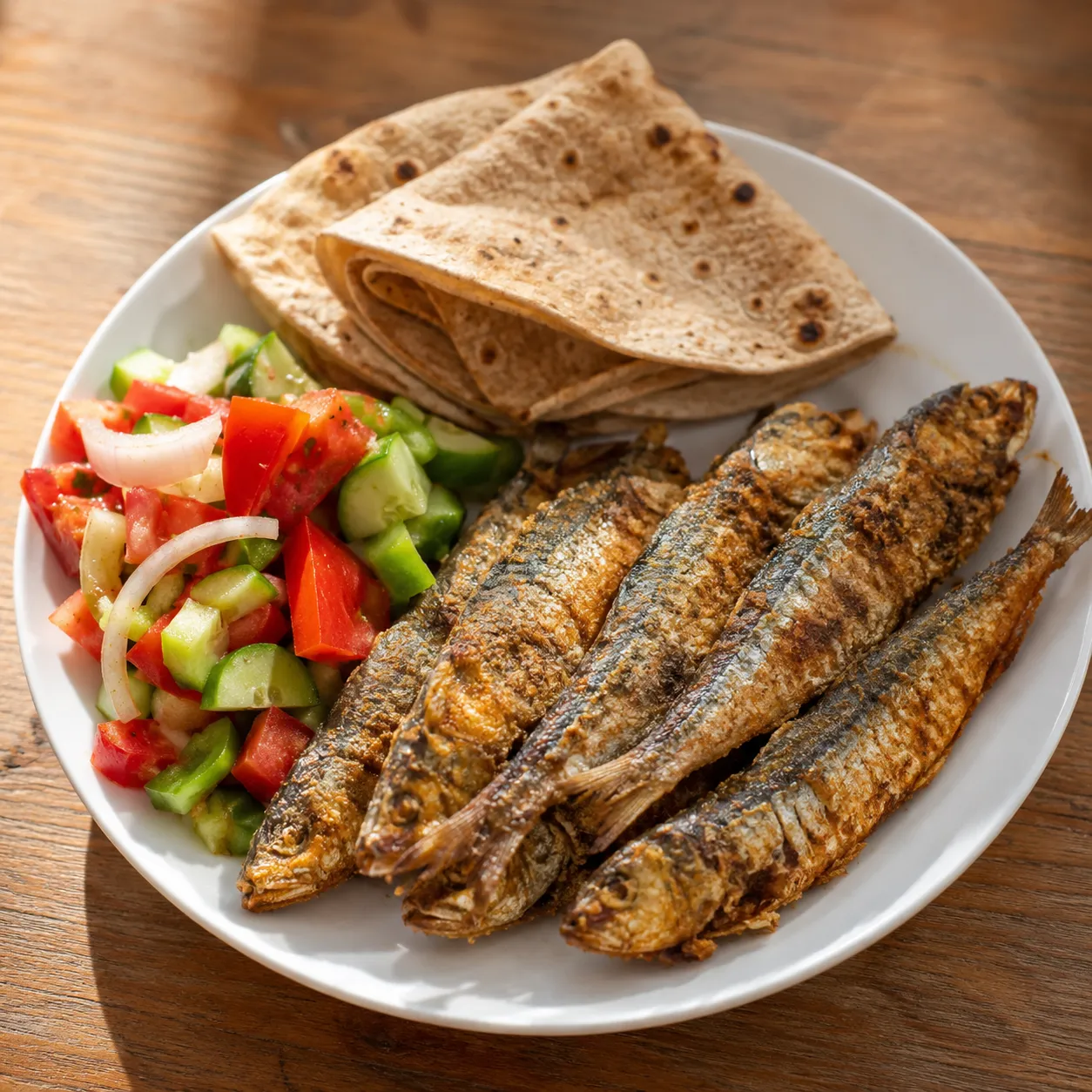سردين مقلي + عيش وسلطة
