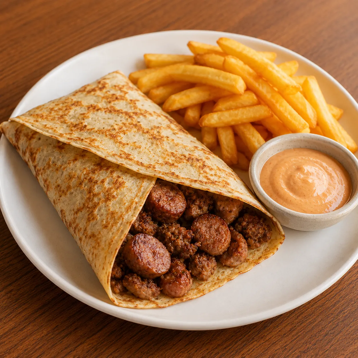 كريب سجق + بطاطس + صوص